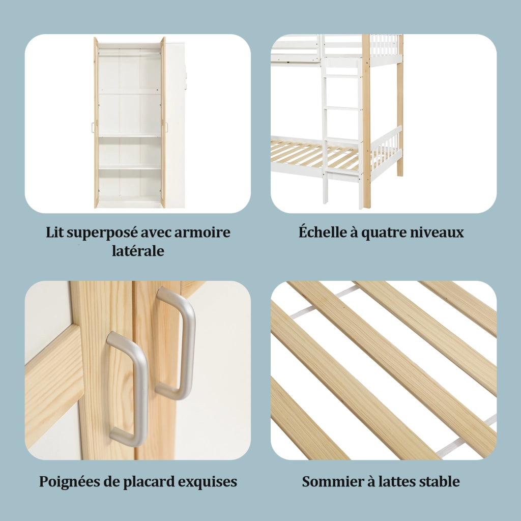 Letto a Castello 90x200 cm - 6 Ripiani; Armadio Laterale e Scala a 4 Gradini