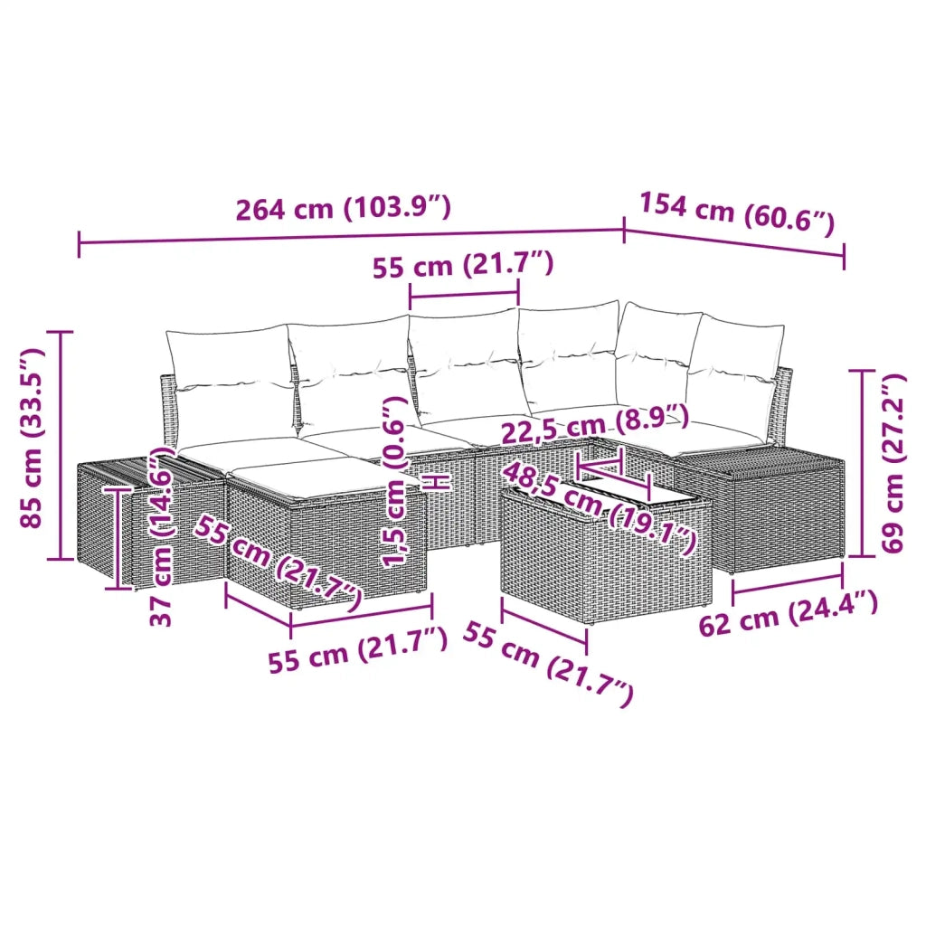 Set Divano da Giardino con cuscino 7 pcs Marrone polyrattan