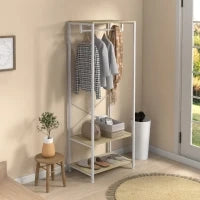 Appendiabiti con Sospensione e 2 Scaffali per Scarpe, 60L x 40P x 167,5A cm, Effetto Legno Chiaro e Metallo Bianco