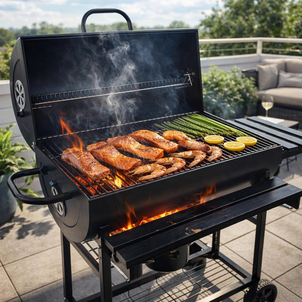 Barbecue A Carbone Con Coperchio Termometro Integrato Grill BBQ In Acciaio Con Ruote Ripiani E Ventilazione Regolabile Pinza E Guanti Ideale Per Giardino Terrazzo E Balcone 112 x 63.5 x 97 Cm Nero