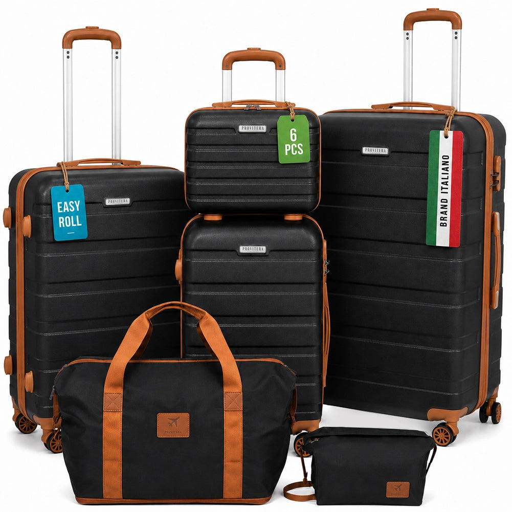 Set 6 Pezzi Valigie Rigide Family in ABS Beauty Case Nero e Marrone 55/66/75cm