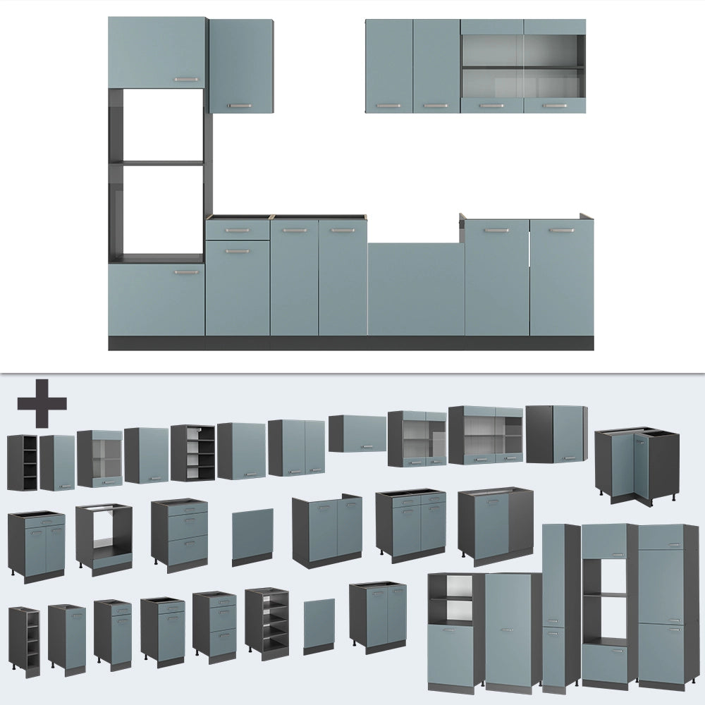 Vicco Cucina componibile Blu-grigio/antracite 300 cm con armadio alto, PL Marmo