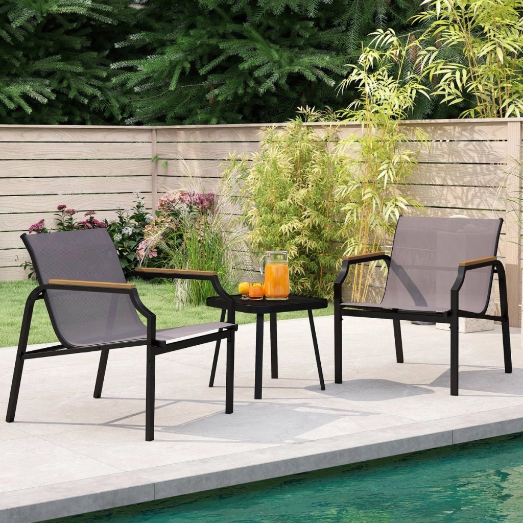 Set da giardino a 3 pezzi poltrona e tavolo, Sedile in tessuto traspirante e braccioli in legno-plastica Grigio
