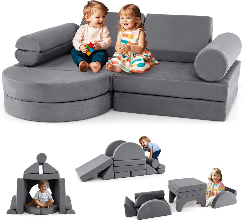 Divano in stile Block 13 Pezzi per Bambini, Divanetto Convertibile per Asilo, Cameretta e Soggiorno, Cuscini Bambini Gioco Blocchi (Grigio)