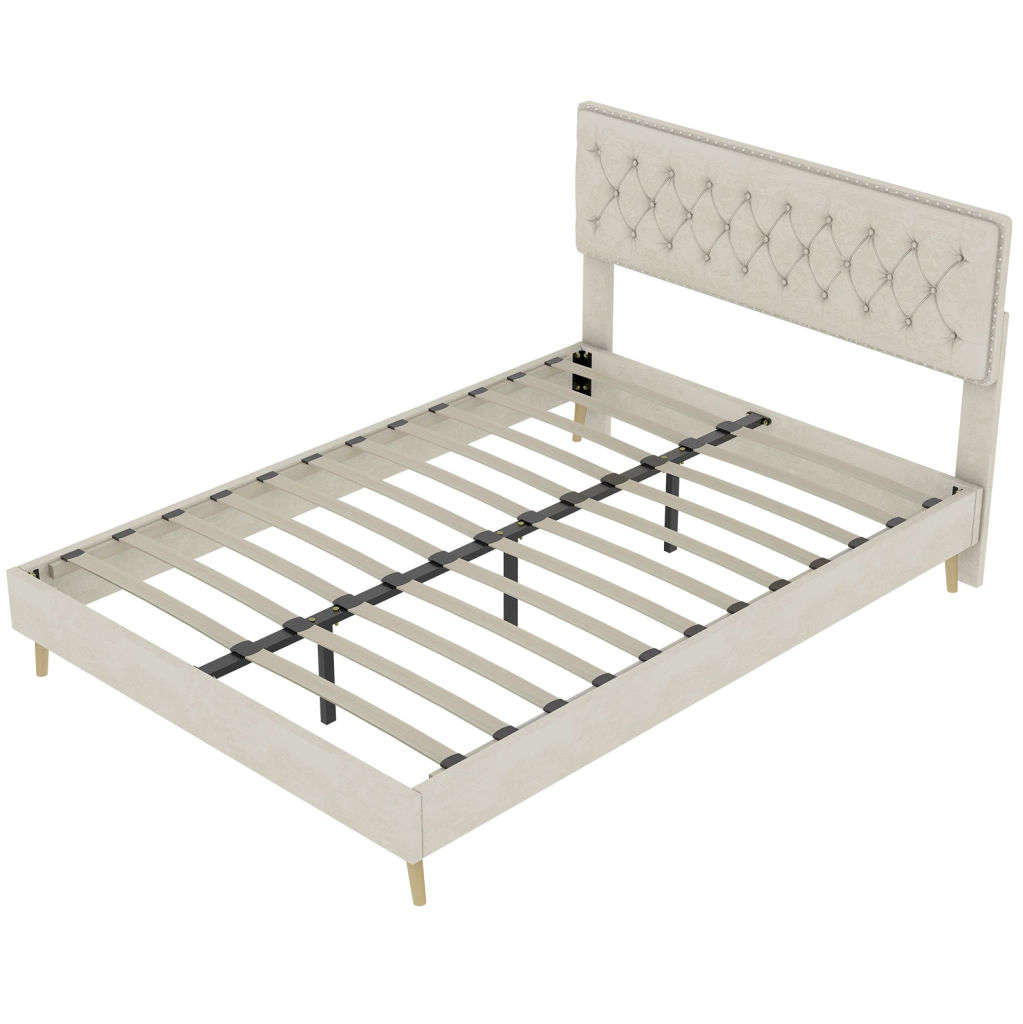 Letto matrimoniale 160x200 cm in velluto beige con testiera alta e struttura in metallo