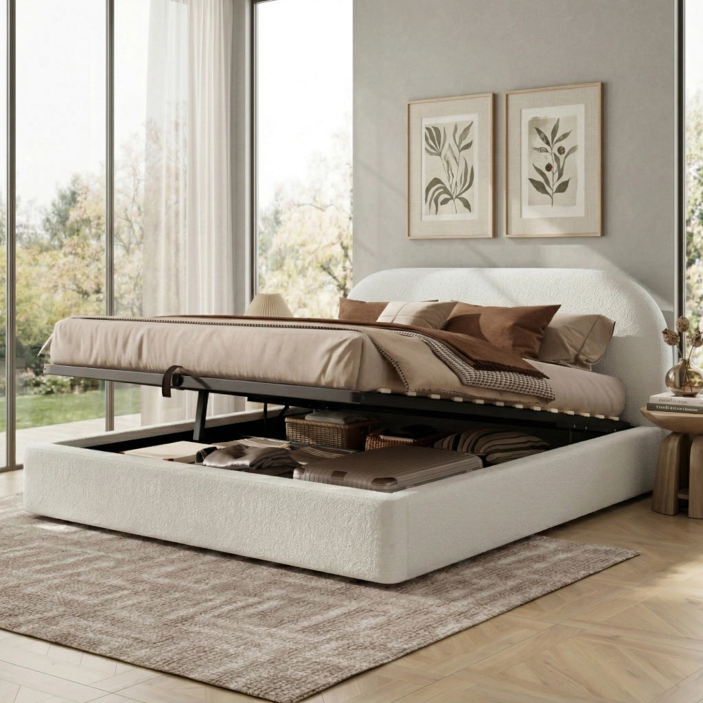 Letto Contenitore Matrimoniale 160 x 200 cm; Contenitore e Testiera Imbottita; Bouclé Beige
