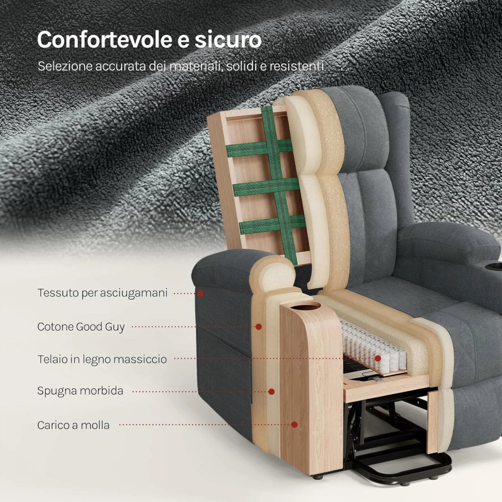 Poltrona Elettrica Reclinabile, Sedia Massaggiante con Alzapersone, Riscaldamento, Poggiapiedi, Tasche Laterali, Porta USB, Portabicchieri, per Soggiorno, Tessuto Spugna, Grigio, SKS61gr
