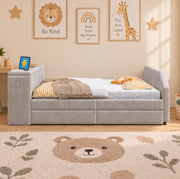 Letto imbottito per bambini 90x200 cm con scrivania, USB e letto estraibile in velluto grigio