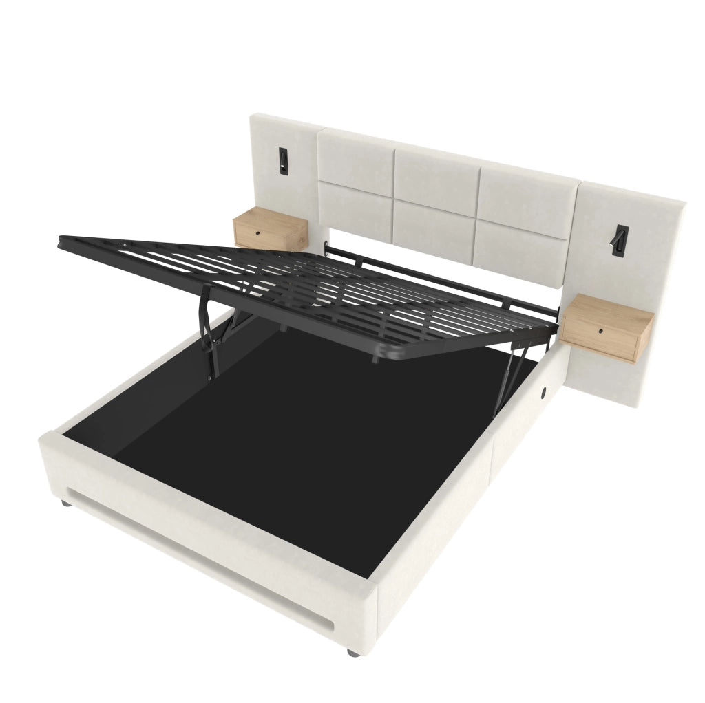 Letto 160x200 beige in velluto con contenitore idraulico e USB-C