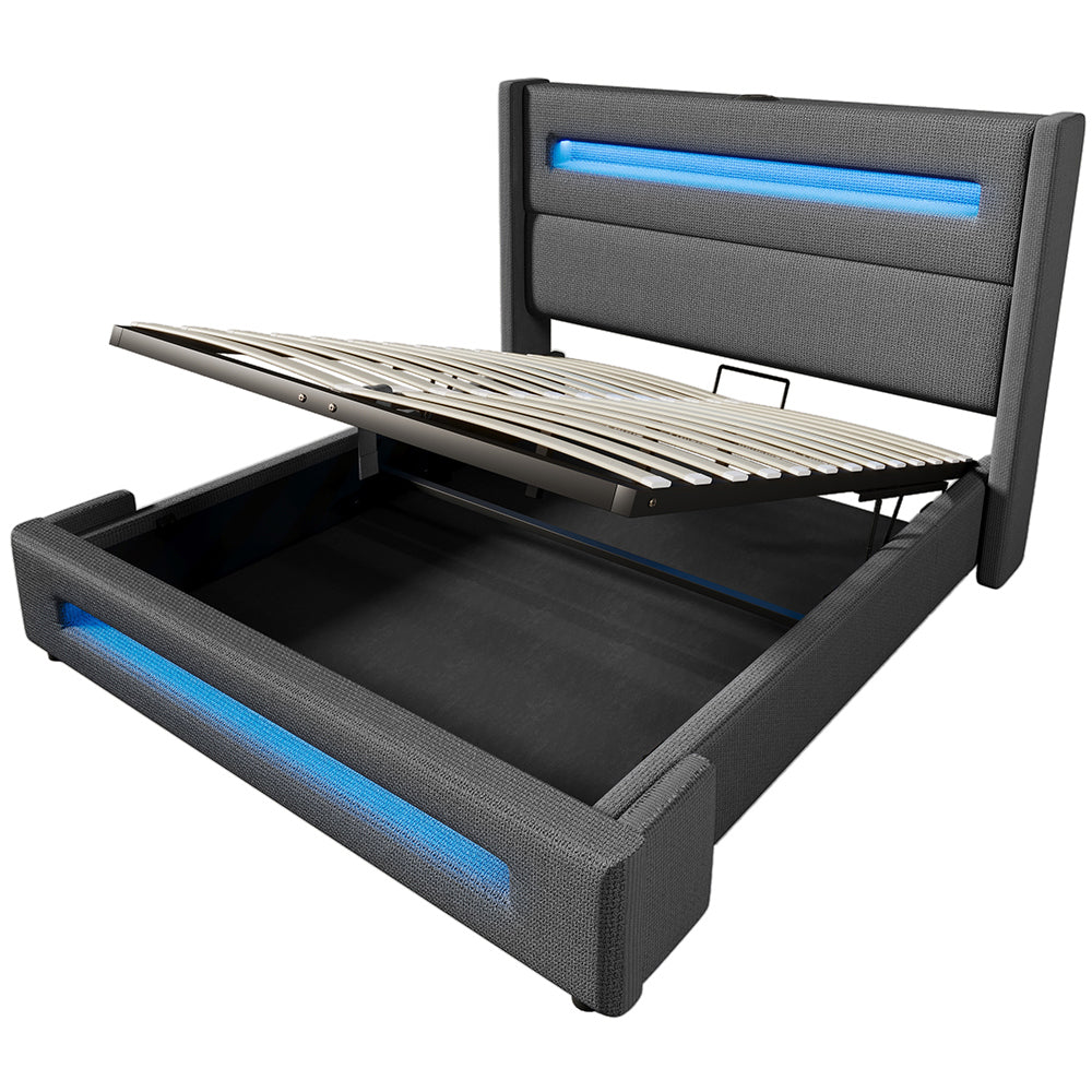 Letto matrimoniale-Xylo-160x200 cm-LED, USB-C, idraulico, metallo, lino, grigio