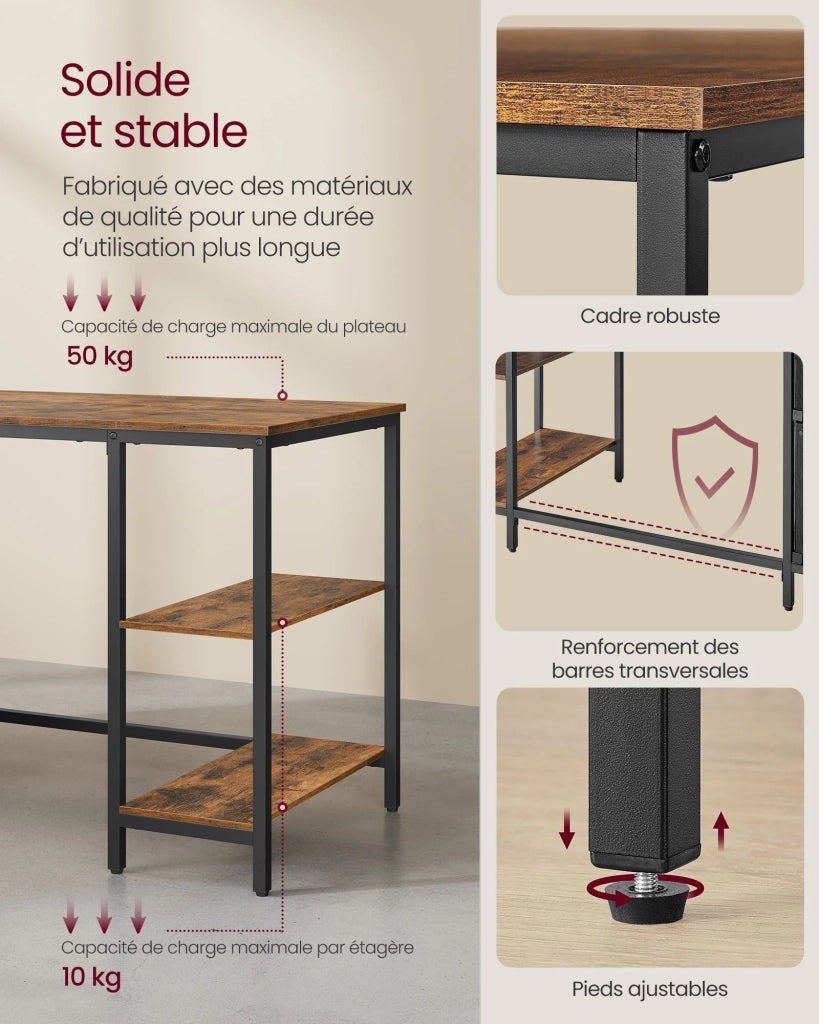 Scrivania per computer con spazio di archiviazione 3 ripiani 2 cassetti 60 x 140 x 76 cm per ufficio/soggiorno stile industriale marrone rustico e nero 12_0004569