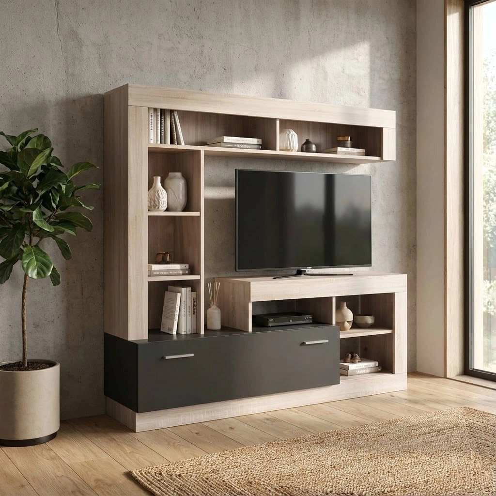 Parete Attrezzata per Soggiorno in Legno Composito cm 185x40x170 - GABE