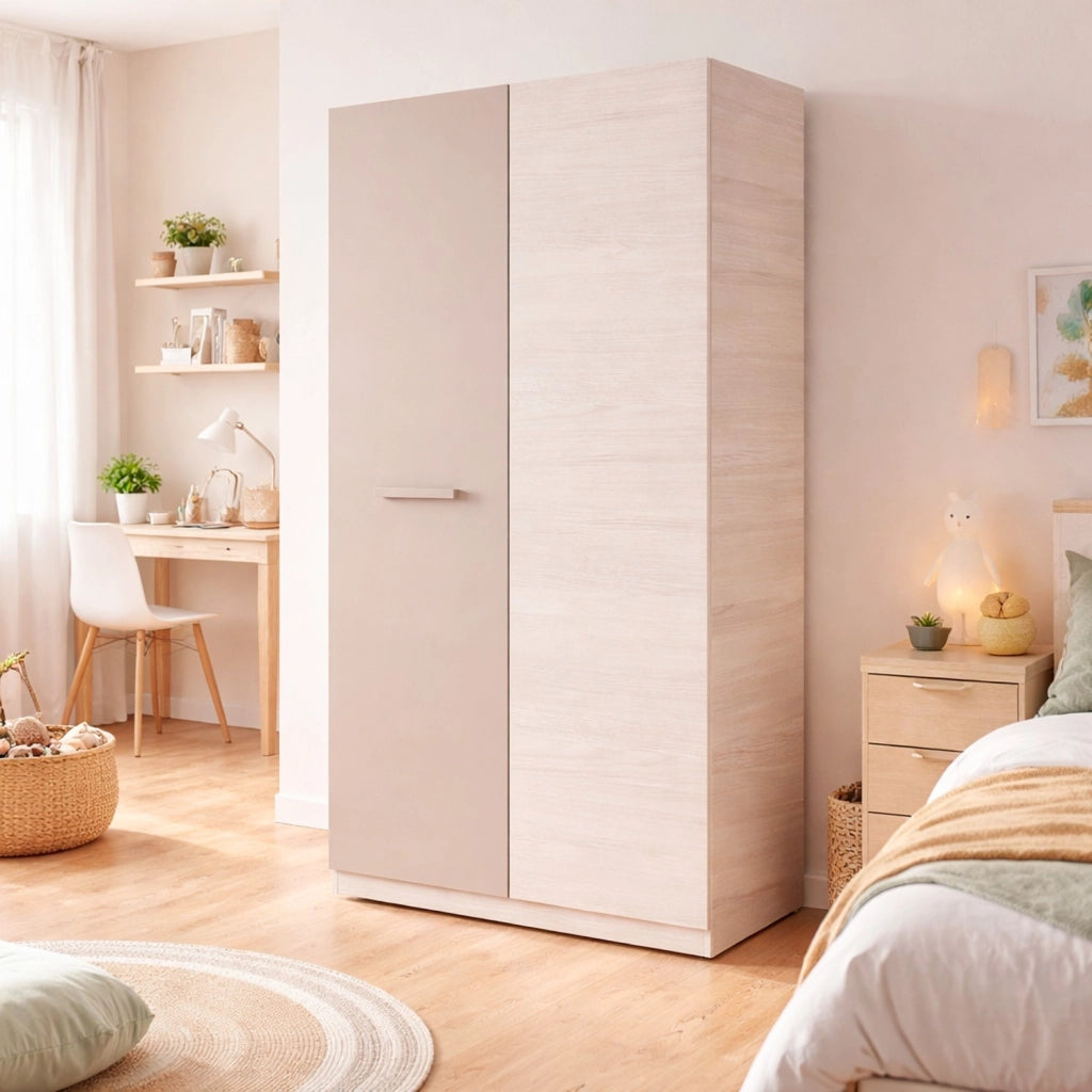 Armadio Guardaroba 2 Ante Battenti Con 3 Scomparti E Barra Appendiabiti Design Moderno Per Camera Da Letto Cameretta 90 X 200 X 52 Cm Beige E Rovere