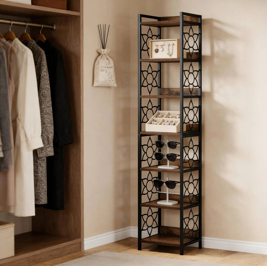 Scaffale angolare a 7 ripiani in MDF e metallo nero e marrone rustico