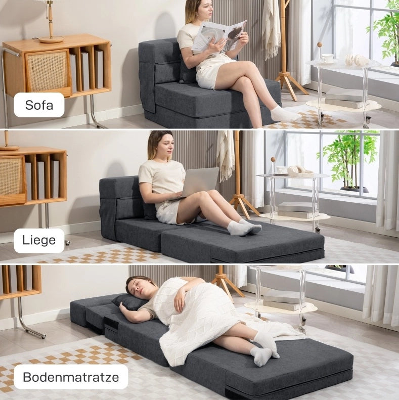 Poltrona letto pieghevole 3 in 1 grigio scuro con cuscino