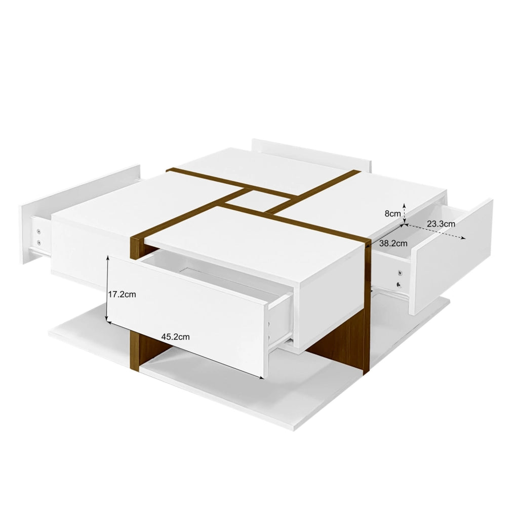 Tavolino da caffè quadrato 78 x 78 x 34;8 cm con 4 cassetti; effetto lucido; bianco