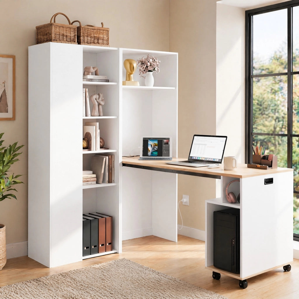 SCRIVANIA pieghevole 104,5x30,5x160 cm bianco MDF con libreria, presa EU e USB