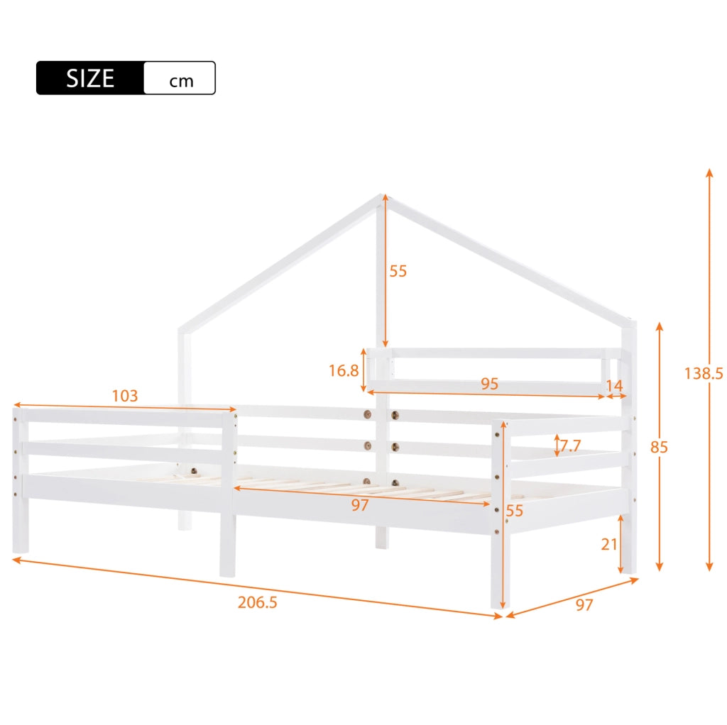 Lettino a casetta con scaffale per bambini 90x200 cm in legno di pino bianco