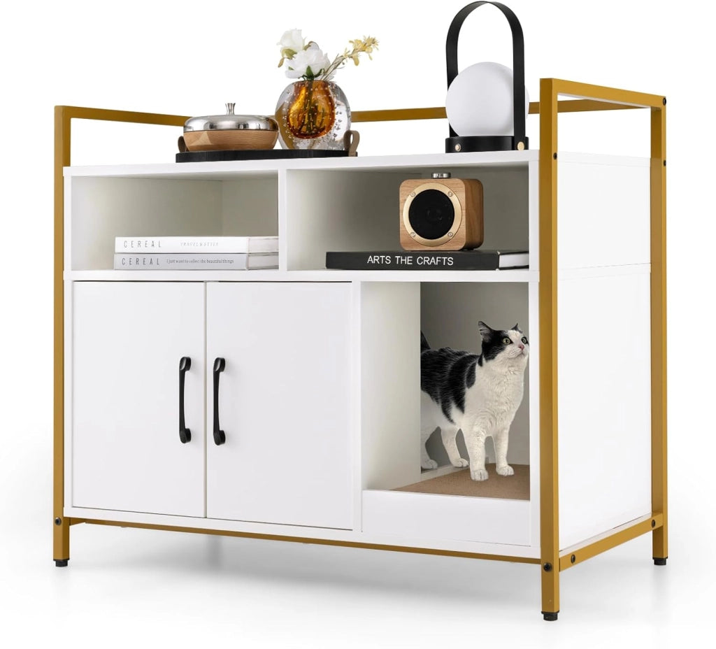 Mobile per Lettiera Gatti con Ripiani Aperti e Ripiani Chiusi con Maniglie, Mobiletto Multiuso in Legno e Metallo, Ideale per Ingresso e Soggiorno, Portata 50 kg (Bianco)
