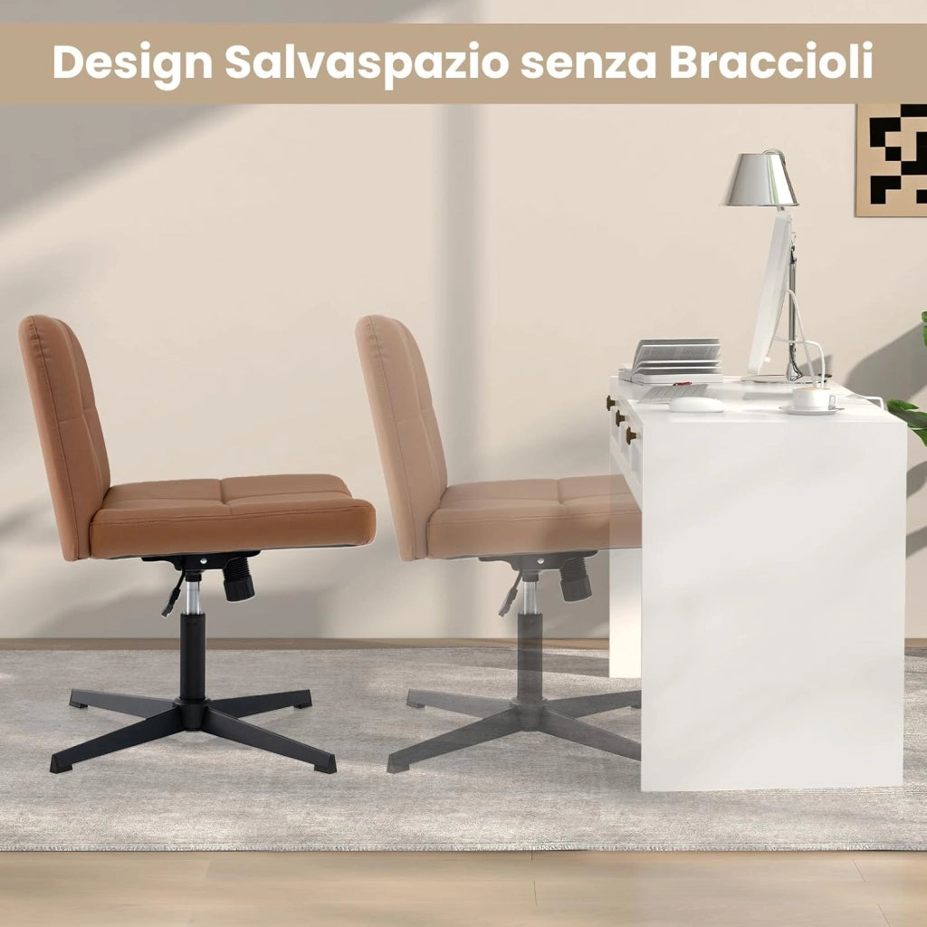 Sedia da Ufficio a Gambe Incrociate, Sedia Scrivania con Seduta a U Spaziosa, Sedia Girevole per Casa e Ufficio, senza Ruote e Braccioli, Altezza Regolabile, Portata 150 kg (Marrone)