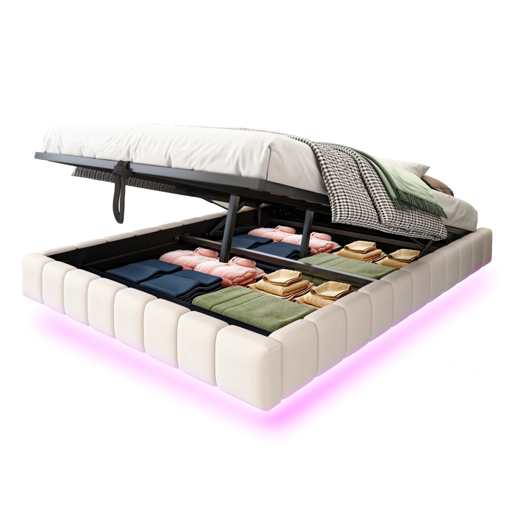 Letto imbottito 140x200 cm - Zephmum - Telaio idraulico con spazio di archiviazione, LED, lino beige