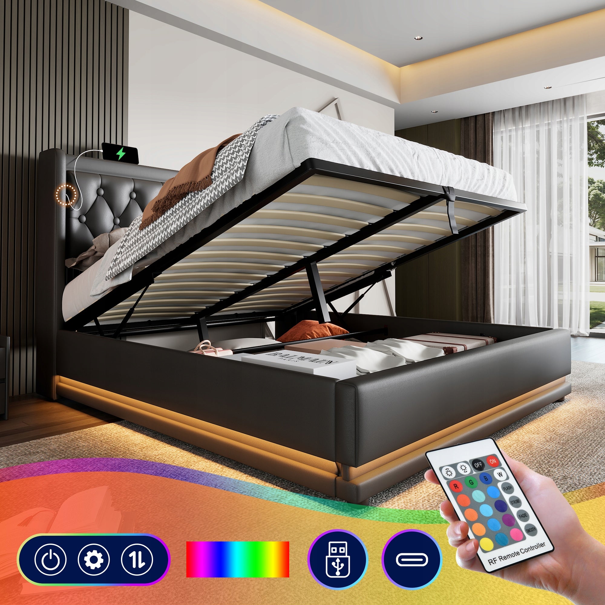 Letto Matrimoniale 140x200 - Xylo - Nero con USB-C, LED e Materasso