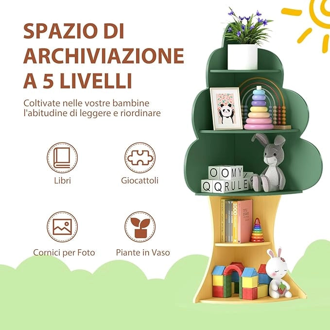Libreria ad Albero per Bambini, Espositore per Libri a 5 Livelli con Anti-Ribaltamento, Libreria Angolare Salvaspazio per Camera da Letto Sala Giochi Asilo e Aula