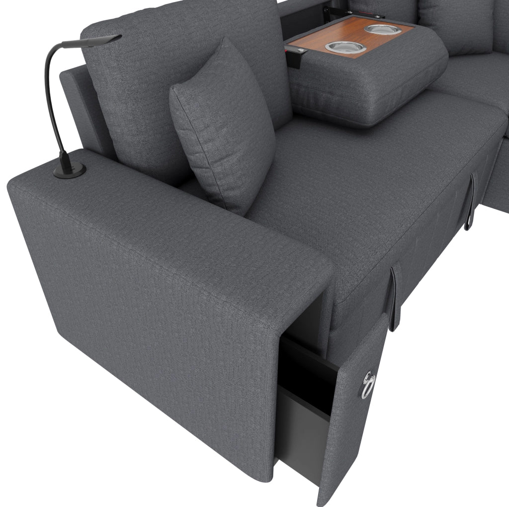 Divano angolare modulare 5 posti con letto estraibile; pouf contenitore; USB e Type-C; grigio
