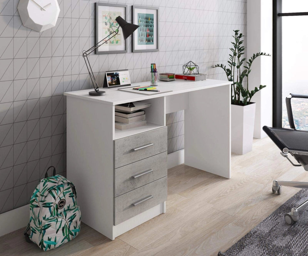 Scrivania Moderna Con 3 Cassetti Tavolo Da Ufficio Per Studio Home Office Cameretta Postazione Lavoro In Melaminico 120 X 72 X 48 Cm Bianco E Grigio Cemento