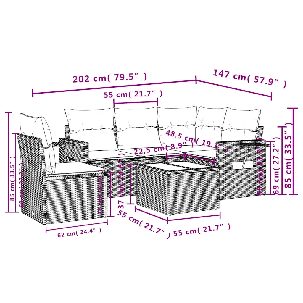 Set Divano da Giardino 6 pz con Cuscini Marrone in Polyrattan