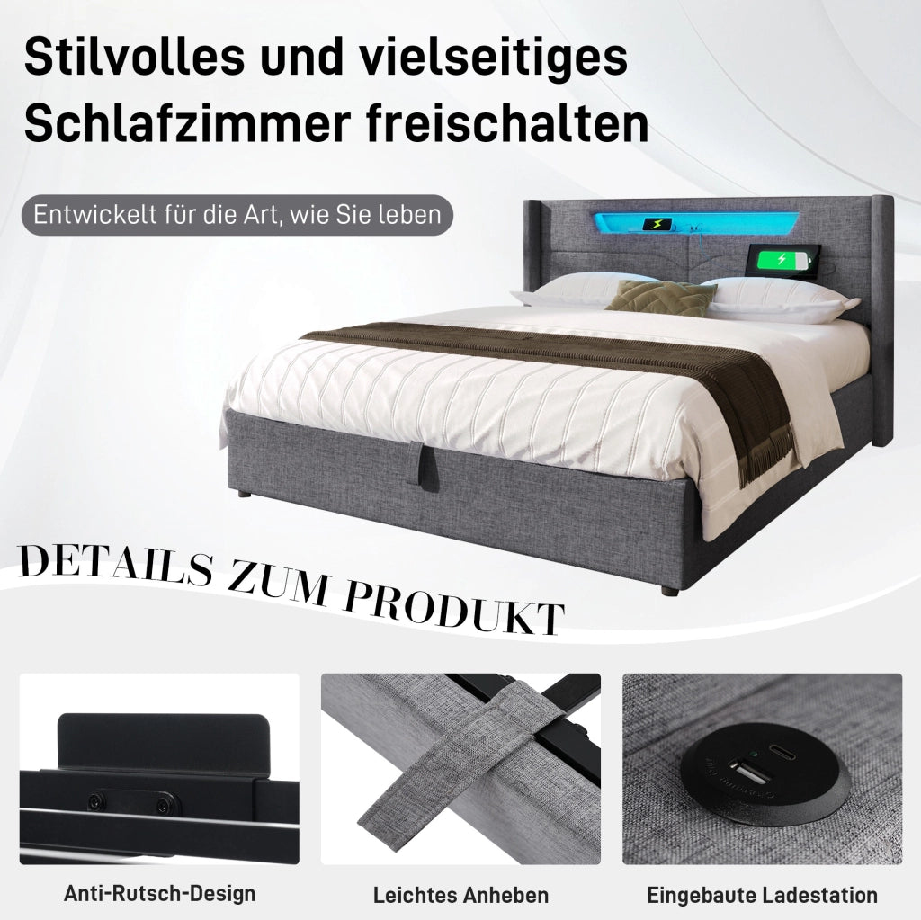 Letto matrimoniale 160x200 con LED, USB-C e contenitore