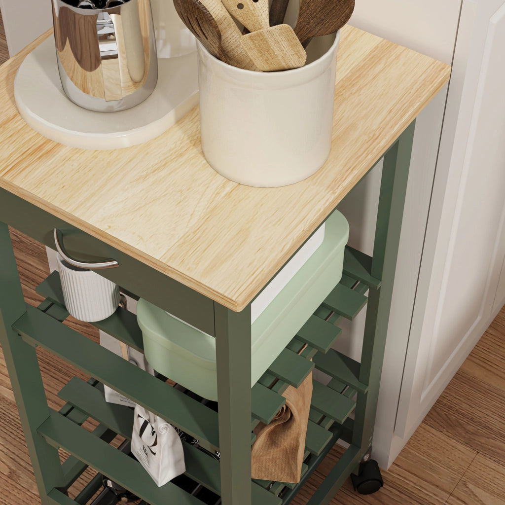 Carrello Portaoggetti Biel con Cassetto 3 Ripiani e Griglia Portabottiglie 76x37x37 cm - Verde / Effetto Legno [en.casa]