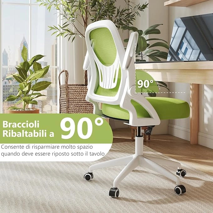 Sedia da Ufficio in Rete, Sedia da Scrivania Ergonomica con Supporto Lombare e Braccioli Ribaltabili, Sedia da Lavoro Girevole, con Ruote Regolabile in Altezza, Portata 150 kg