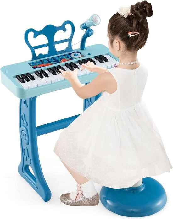 Pianino elettrico per bambini, 37 tasti con standard musicale e microfono, seggio e pedale, giocattolo per bambini a partire dai 3 anni, carico massimo 50 kg (blu)
