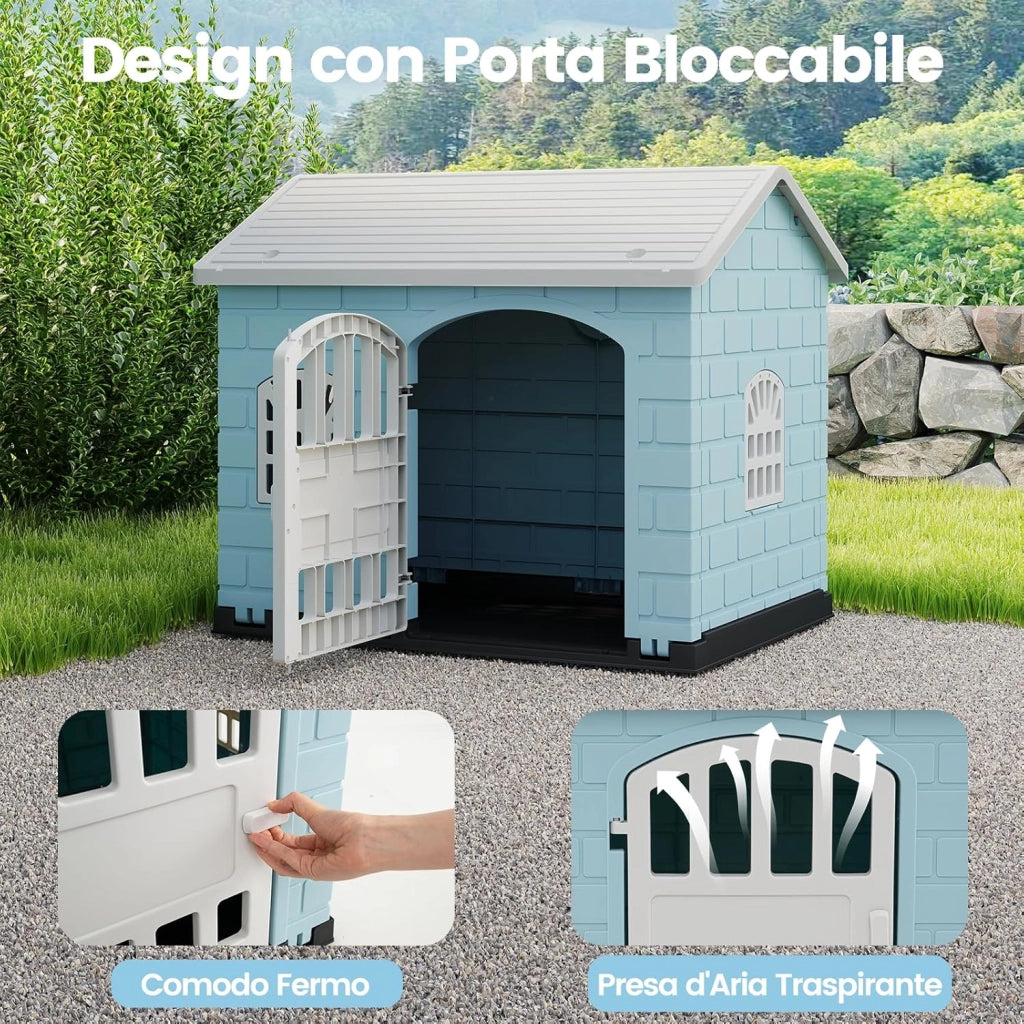 Cuccia per Cani da Esterno ed Interno, Cassetta per Cani con Porta Bloccabile, 3 Finestre e Tetto Inclinato, Cucce per Cagnolino in Plastica Impermeabile (Blu)