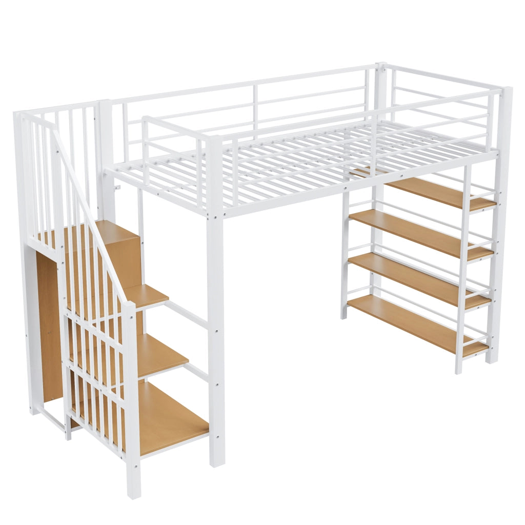 Letto a castello bianco in metallo con scala di sicurezza scomparti e piccolo armadio 90x200 cm