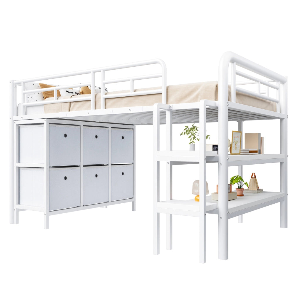 Letto a soppalco basso per bambini 90x200 cm in metallo e MDF bianco con scala e cassetti
