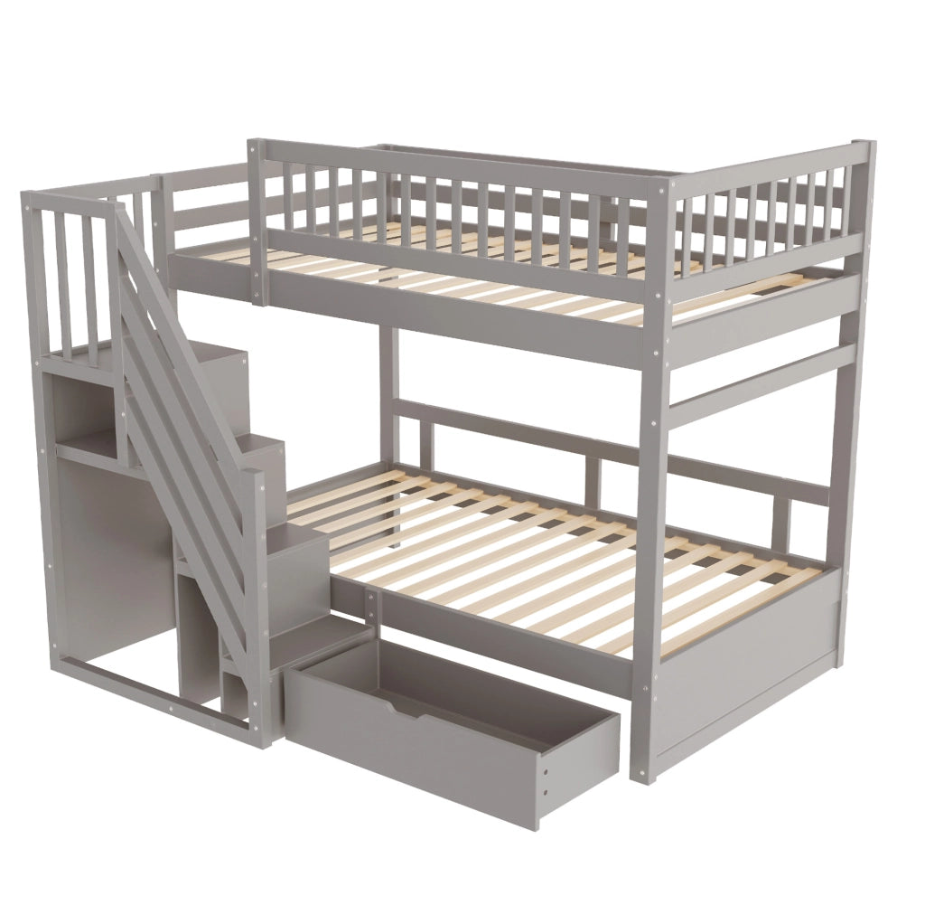 Letto a castello 90x200 cm con scale contenitore e cassetti; grigio