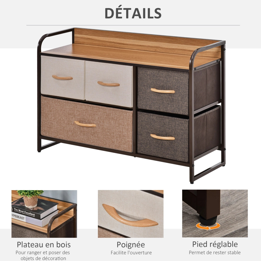 Cassettiera con 5 Cassetti in Tessuto ¨C Zephmum ¨C 87.5x29x58 cm Marrone e Beige