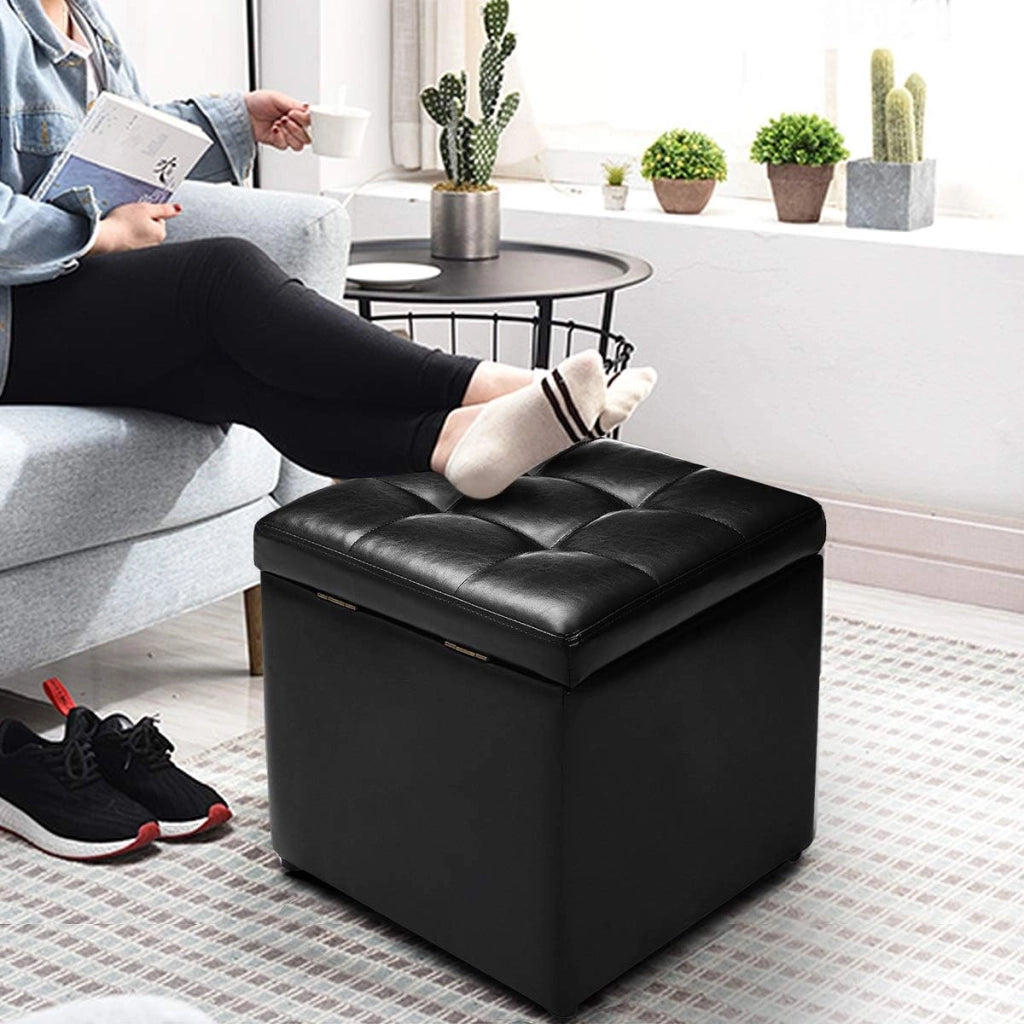 Pouf Cubo Poggiapiedi, Sgabello Quadrato Contenitore, Ottomana con Coperchio, con Vano Portaoggetti, Piedini Antiscivolo, Portata di 300 kg, 40 x 40 x 40 cm, Nero/Marrone/Bianco