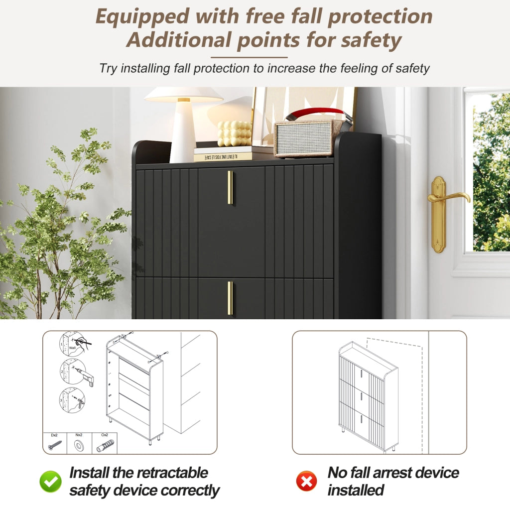 Scarpiera con 3 ante e ripiani regolabili, vano superiore, per ingresso, in MDF, nero, 80 × 23 × 123,5 cm