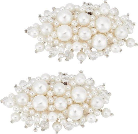 Bottone per Scarpe a Fiori - Fiori di Sposa Bianchi - Perle con Cristalli - Clip con Fermo Magnetico - Donna Ragazza - Perle - 3,8x6,3cm