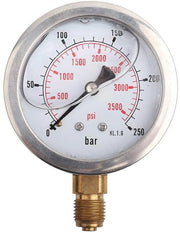 Manometro 0-250 bar/0-3750 PSI - Riempito con liquido - Disco indicatore 63 mm - Connesso con vite G1/4 - Marcatori digitali chiari - Manometro