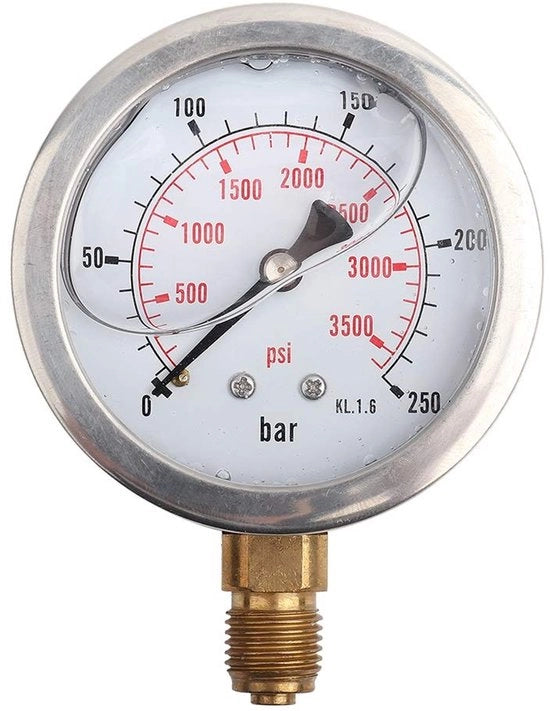 Manometro 0-250 bar/0-3750 PSI - Riempito con liquido - Disco indicatore 63 mm - Connesso con vite G1/4 - Marcatori digitali chiari - Manometro