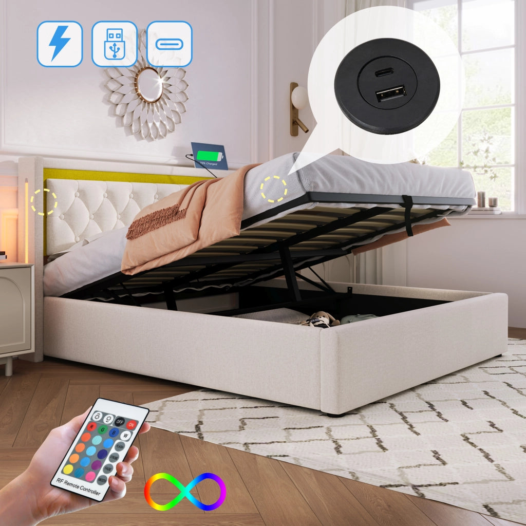 Letto contenitore 140 × 200 cm con LED e porte USB Type-C testiera imbottita beige rete a doghe inclusa