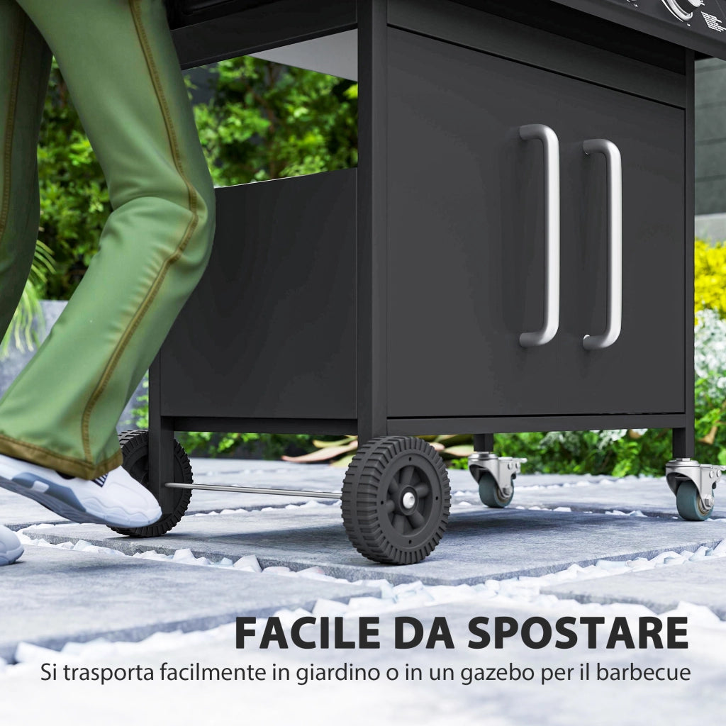 Barbecue a Gas con Fornello Laterale e Armadietto - Xylo - Acciaio e PP, 129.5x56x110 cm, Nero