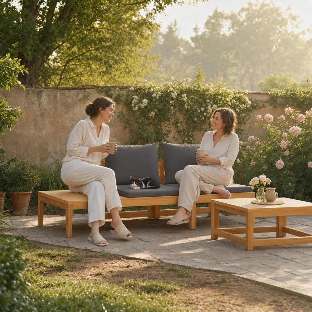 Garden Bench With Table & Dark Grey Cushions, Solid Acacia Wood