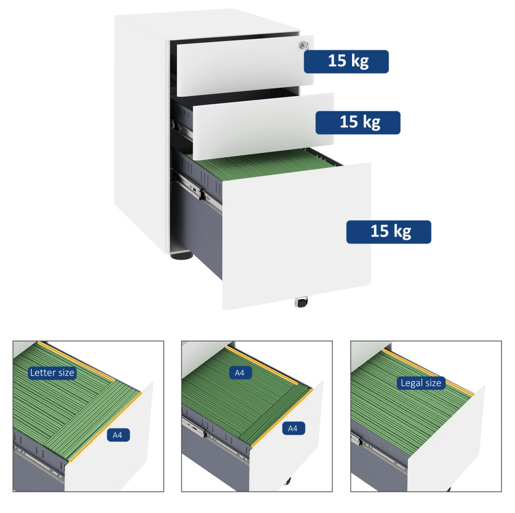 Cassettiera mobile in acciaio bianco con 3 cassetti