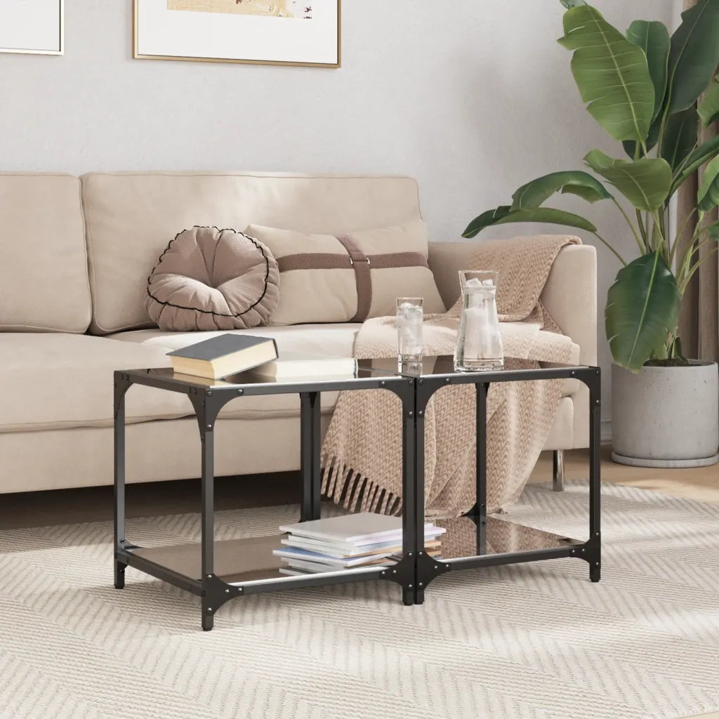 2 pz Tavolini da salotto | Tavolino da caff¨¨ | Tavolino da Soggiorno con Piano Vetro Nero 40x40x40cm Acciaio