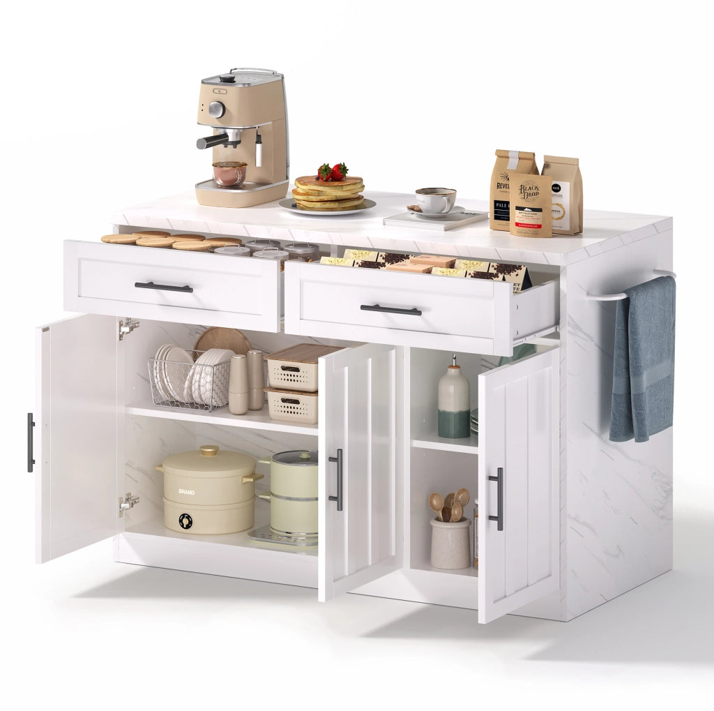Isola da cucina 120x60x91 cm con zona bar; ripiani regolabili in MDF bianco
